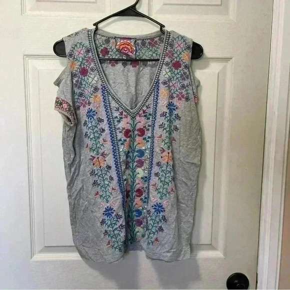 Johnny Was Tops - Johnny Was Womens Clover Cold-Shoulder Embroidered Blouse Sz XS
